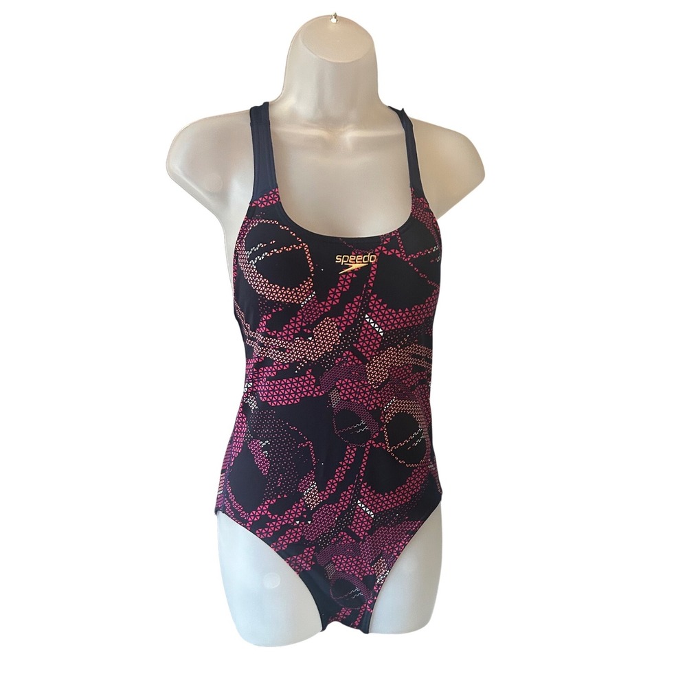 Speedo Women One Piece Swimsuit Black‎ Pink Geometric Pattern Size L